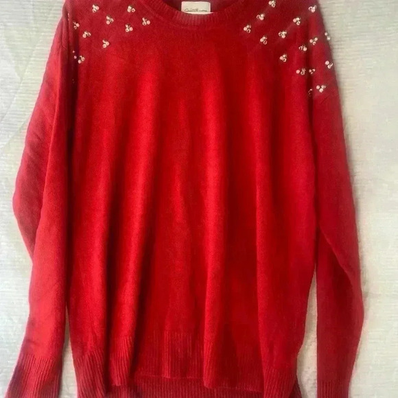 Red Women's Sweater with Pearl Embellishments - Picture 5 of 6